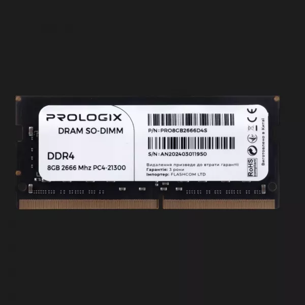 Оперативна памʼять Prologix SO-DIMM DDR4 8GB 1x8GB 2666MHz (PRO8GB2666D4S)