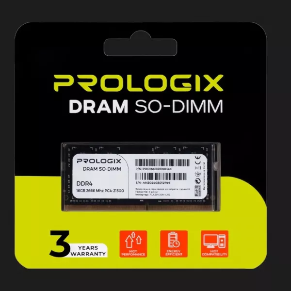 Оперативна памʼять Prologix SO-DIMM DDR4 16GB 1x16GB 2666MHz (PRO16GB2666D4S)