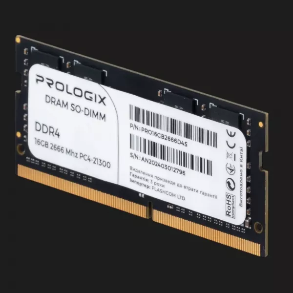 Оперативна памʼять Prologix SO-DIMM DDR4 16GB 1x16GB 2666MHz (PRO16GB2666D4S)