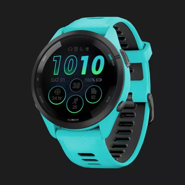 Garmin Forerunner 265 Black Bezel with Aqua Case and Aqua/Black Silicone Band