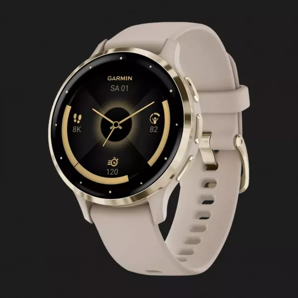 Garmin Venu 3S Soft Gold Stainless Steel Bezel with French Gray Case and Silicone Band