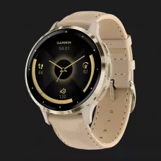 Garmin Venu 3S Soft Gold Stainless Steel Bezel with French Gray Case and Leather Band