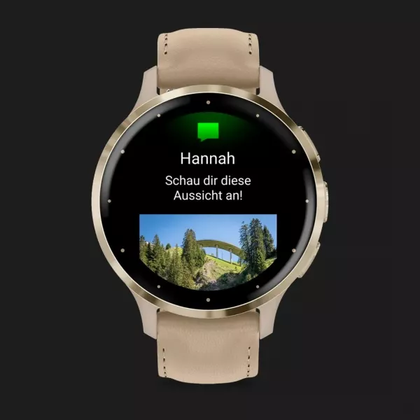 Garmin Venu 3S Soft Gold Stainless Steel Bezel with French Gray Case and Leather Band