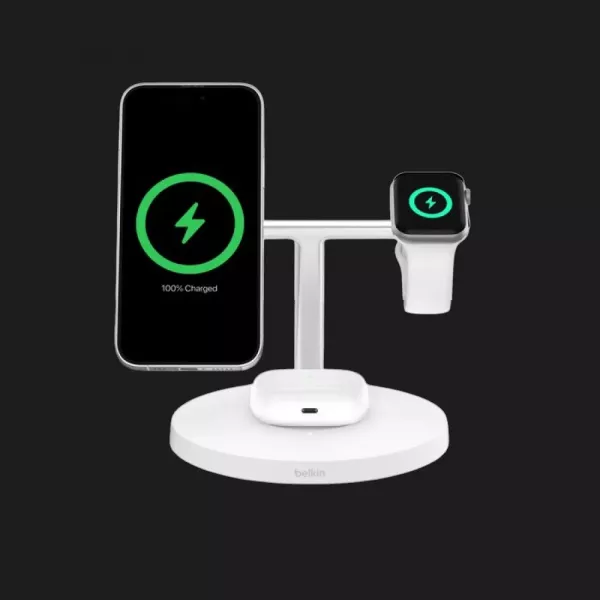 Безпровідна зарядка Belkin 3в1 Wireless Charging Stand with Qi2 15W (White)