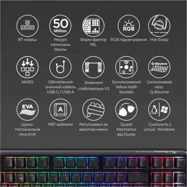 Клавіатура ігрова Ducky One 3 TKL Cherry MX Blue RGB (Black) (UA)
