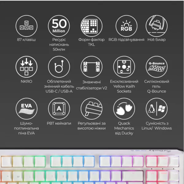 Клавіатура ігрова Ducky One 3 TKL Cherry MX Blue RGB (White) (UA)