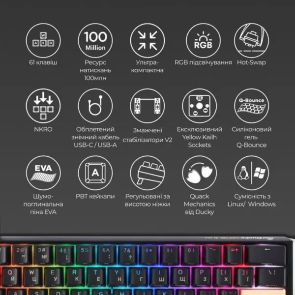 Клавіатура ігрова Ducky One 3 Mini Cherry MX Brown RGB (Black) (UA)